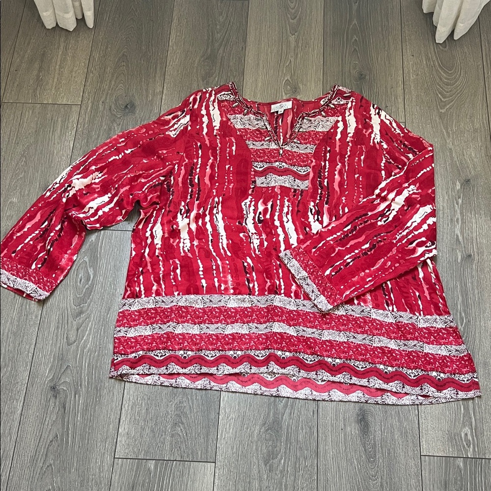 OSO Casuals, Sz3X, red tunic, top, and embellished neck line lightweight